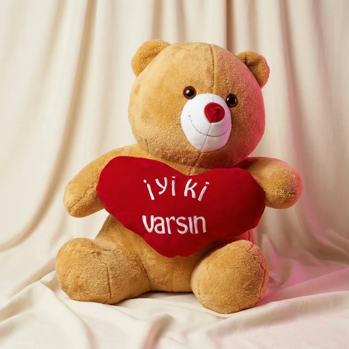 80 Cm İyi Ki Varsın Kalpli Peluş (Açık Kahverengi)